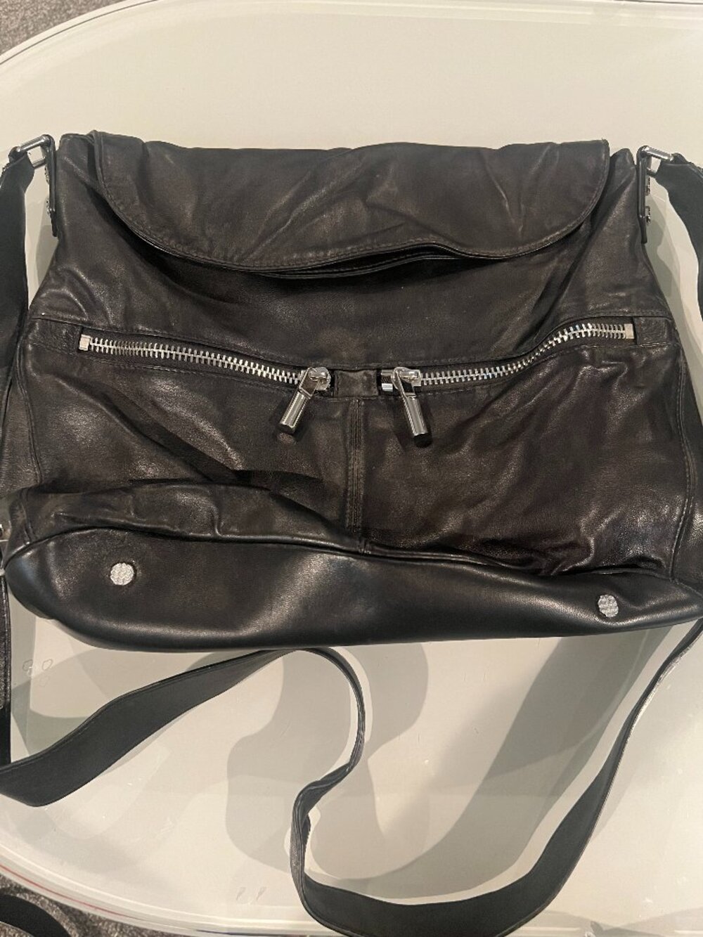 Elizabeth and James Black Leather Flap Crossbody Shoulder Bag Double Zip Silver